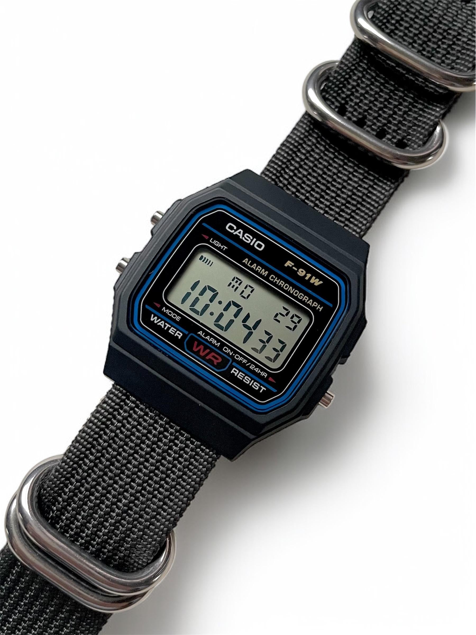 Custom Casio F91W Watch, Black, Gray Strap
