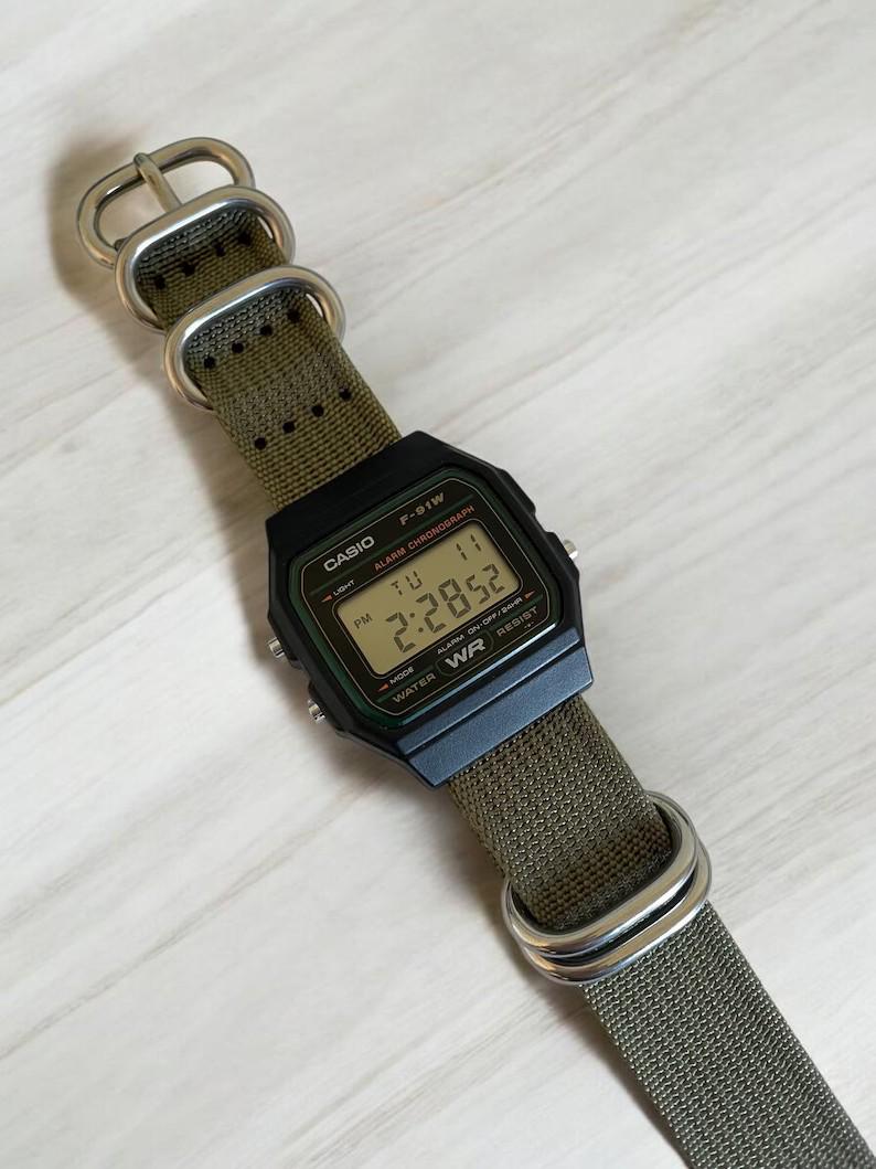 Custom Casio F91W Watch, Black, Army Green Nylon Strap