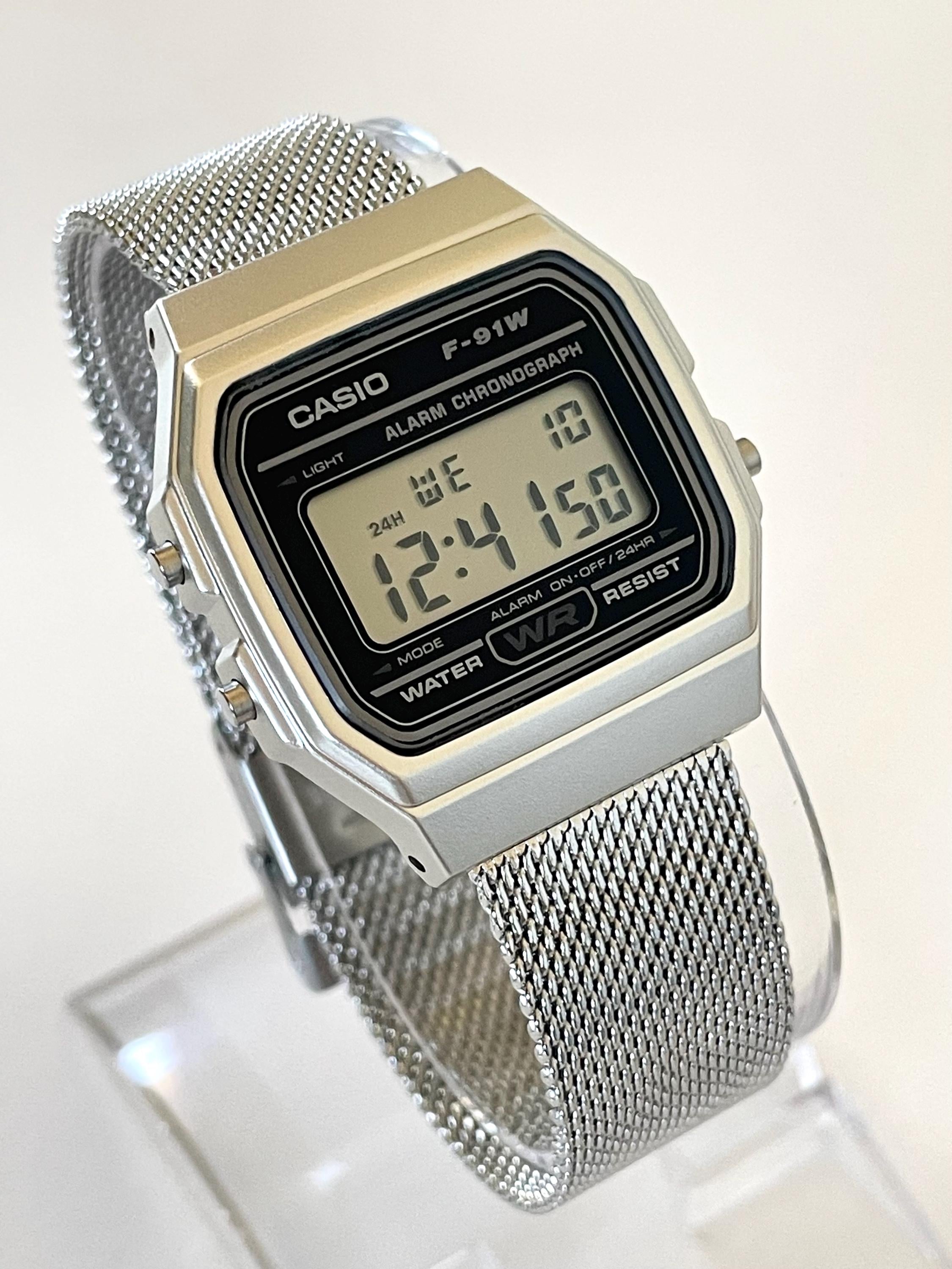 Custom Casio F91W Watch, Silver, Silver Metal Band