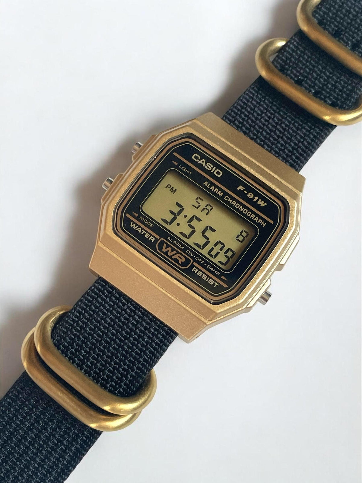 Custom Casio F91W Watch, Gold, Black NATO Strap