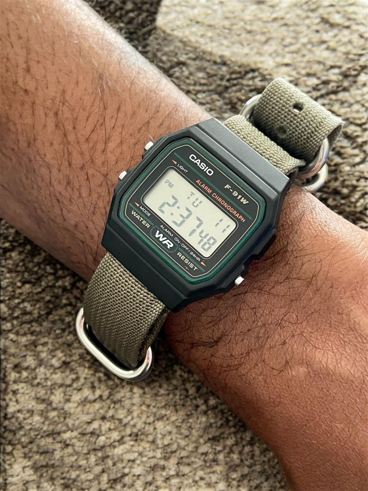 Custom Casio F91W Watch, Black, Army Green Nylon Strap