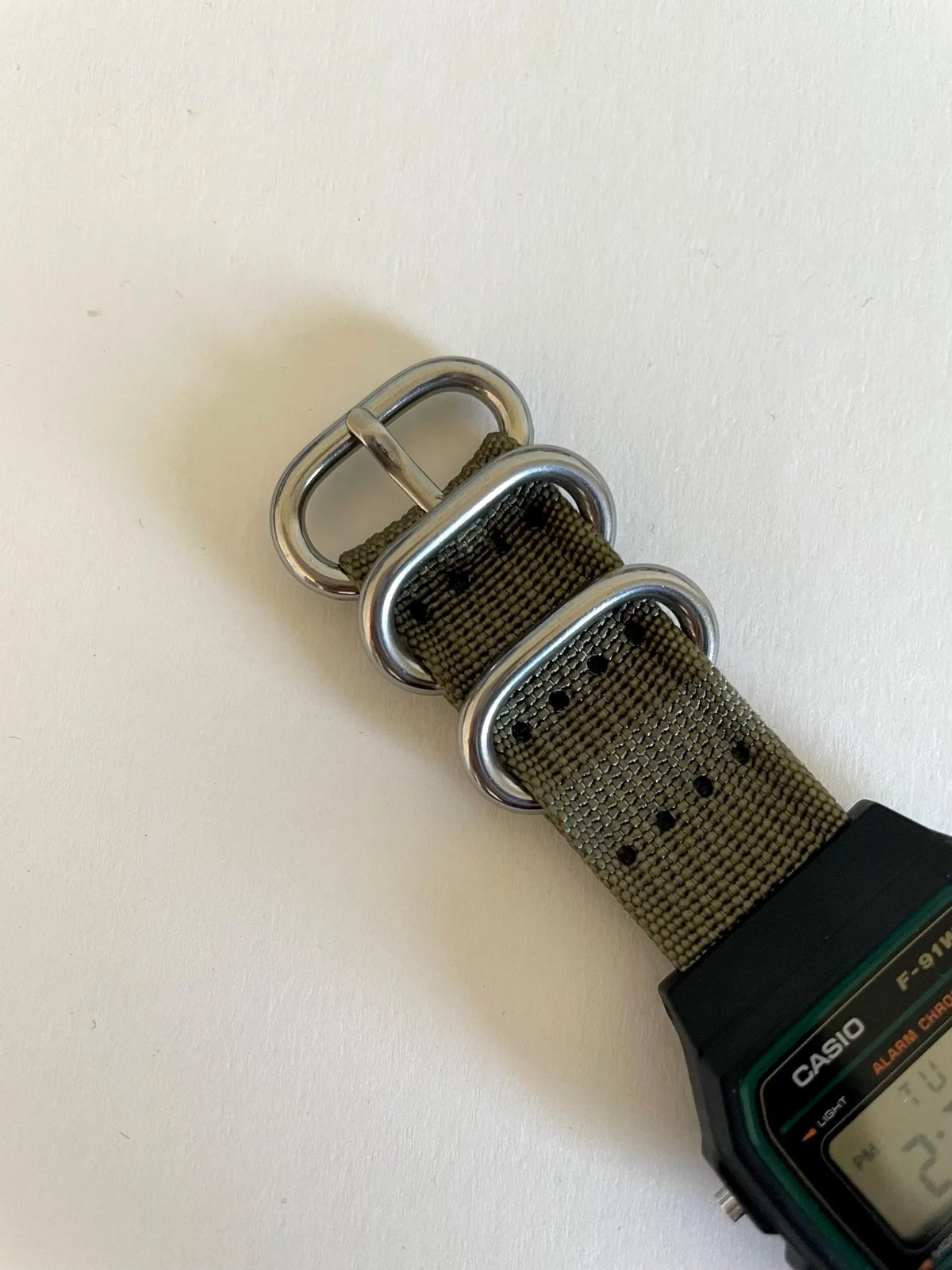 Custom Casio F91W Watch, Black, Army Green Nylon Strap