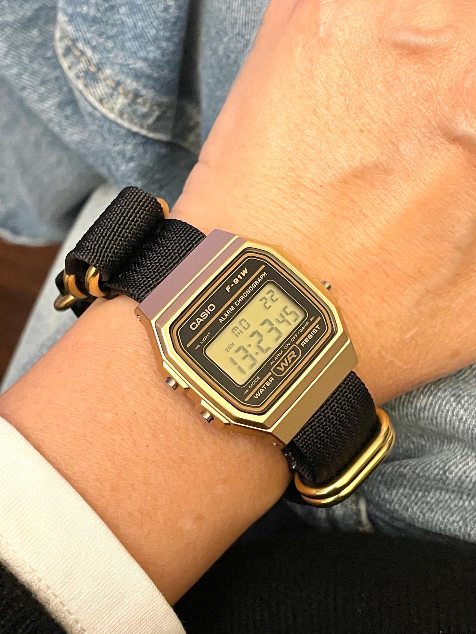 Custom Casio F91W Watch, Gold, Black NATO Strap
