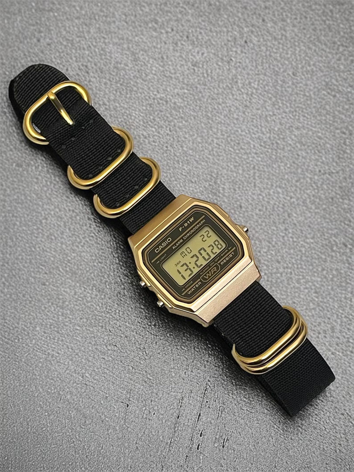 Custom Casio F91W Watch, Gold, Black NATO Strap