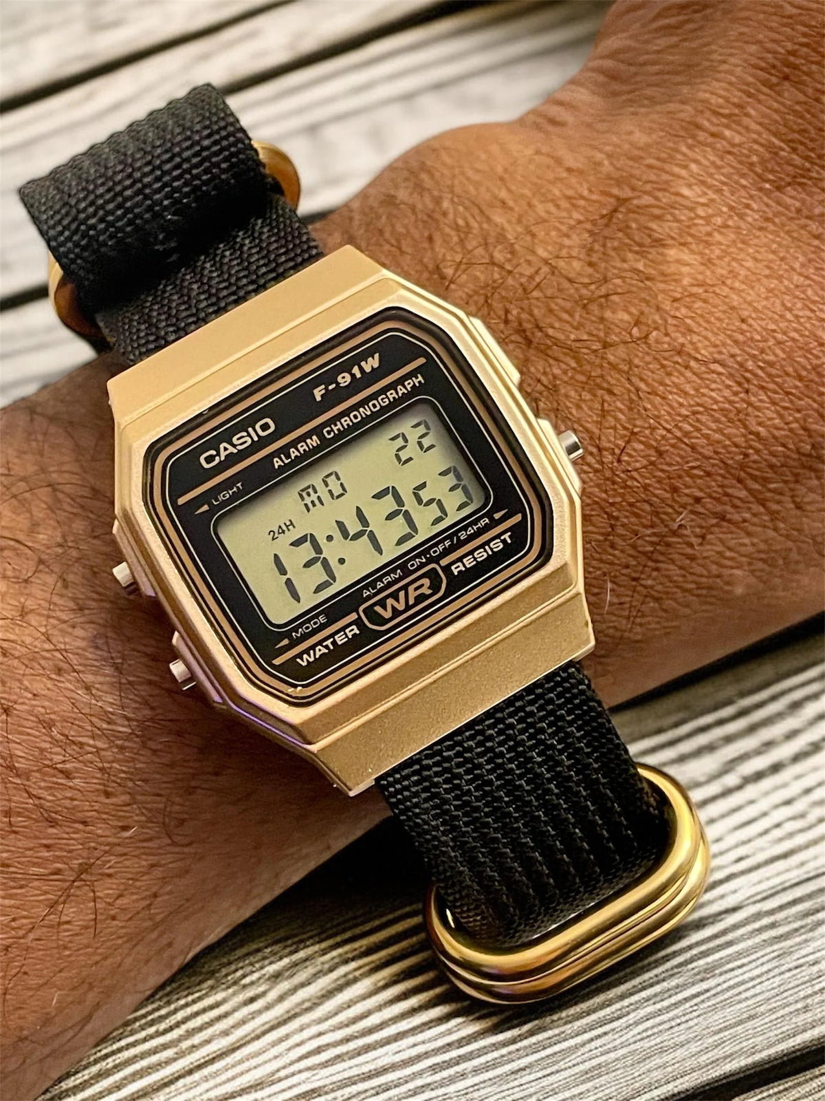 Custom Casio F91W Watch, Gold, Black NATO Strap
