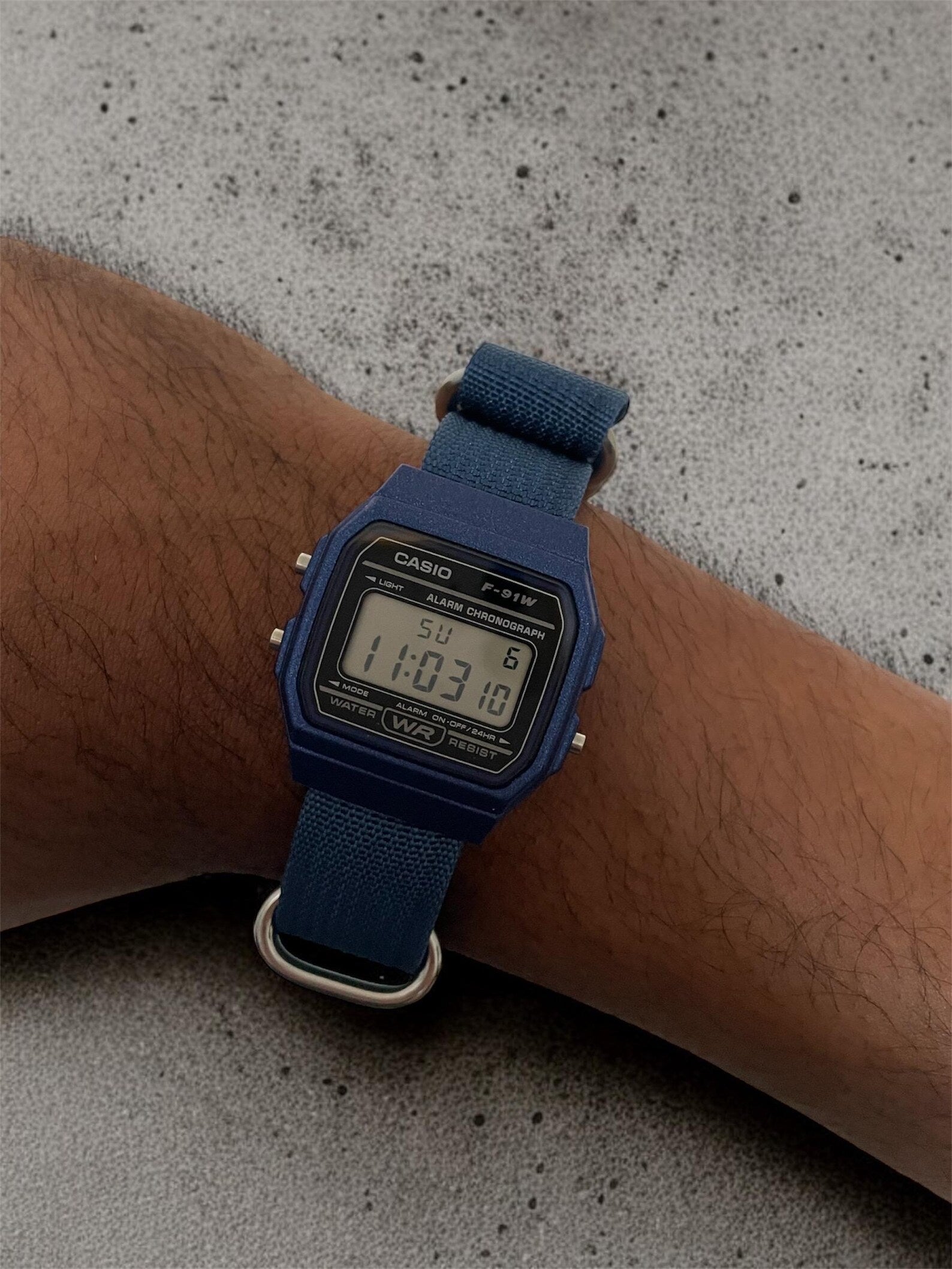 Custom Casio F91W Watch, Blue, Blue NATO Strap