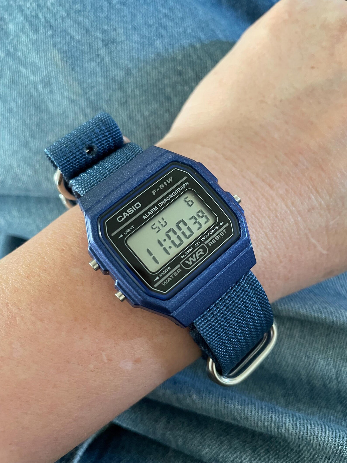 Custom Casio F91W Watch, Blue, Blue NATO Strap