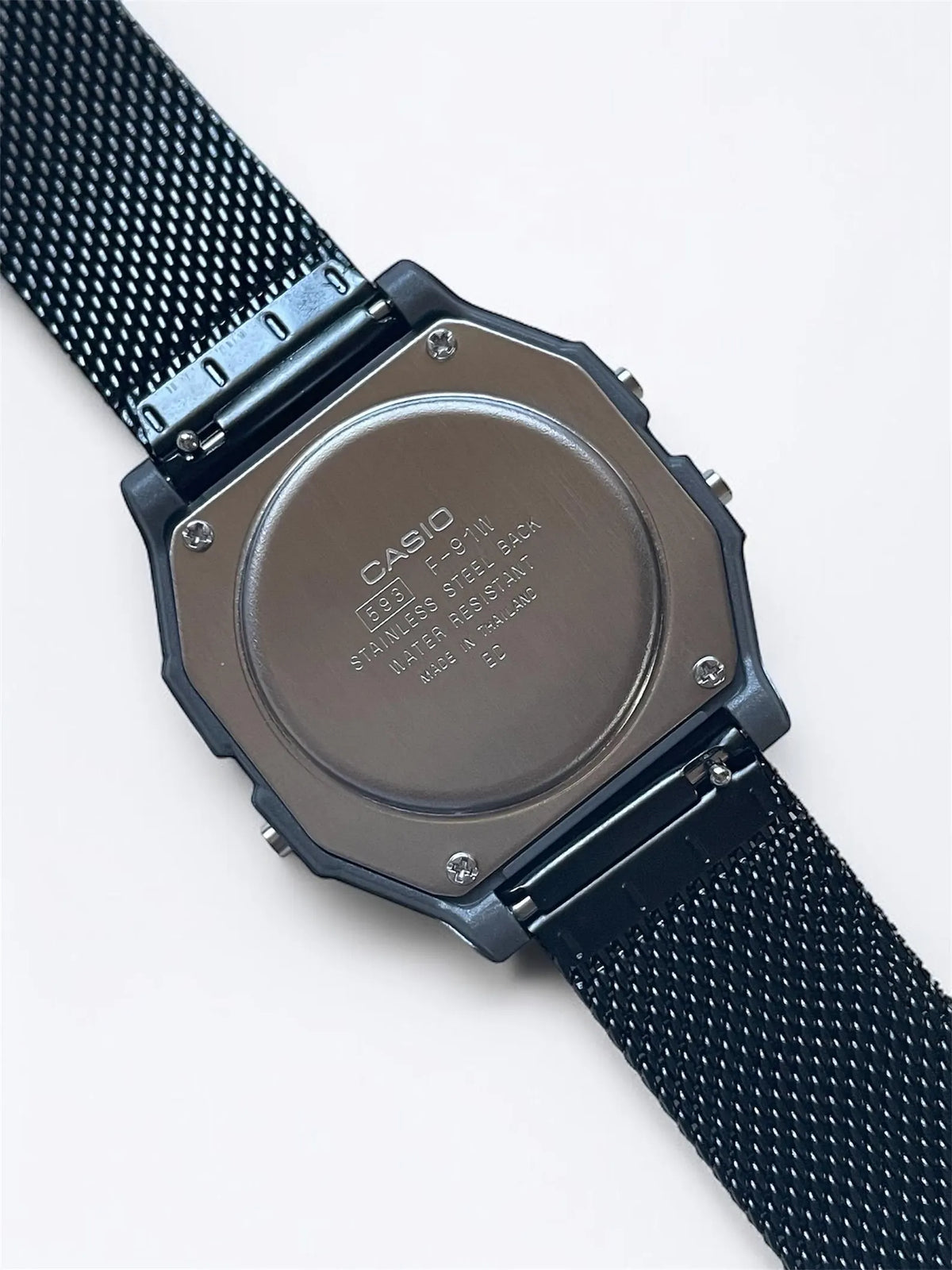 Custom Casio F91W Watch, Dark Silver, Black Metal Band