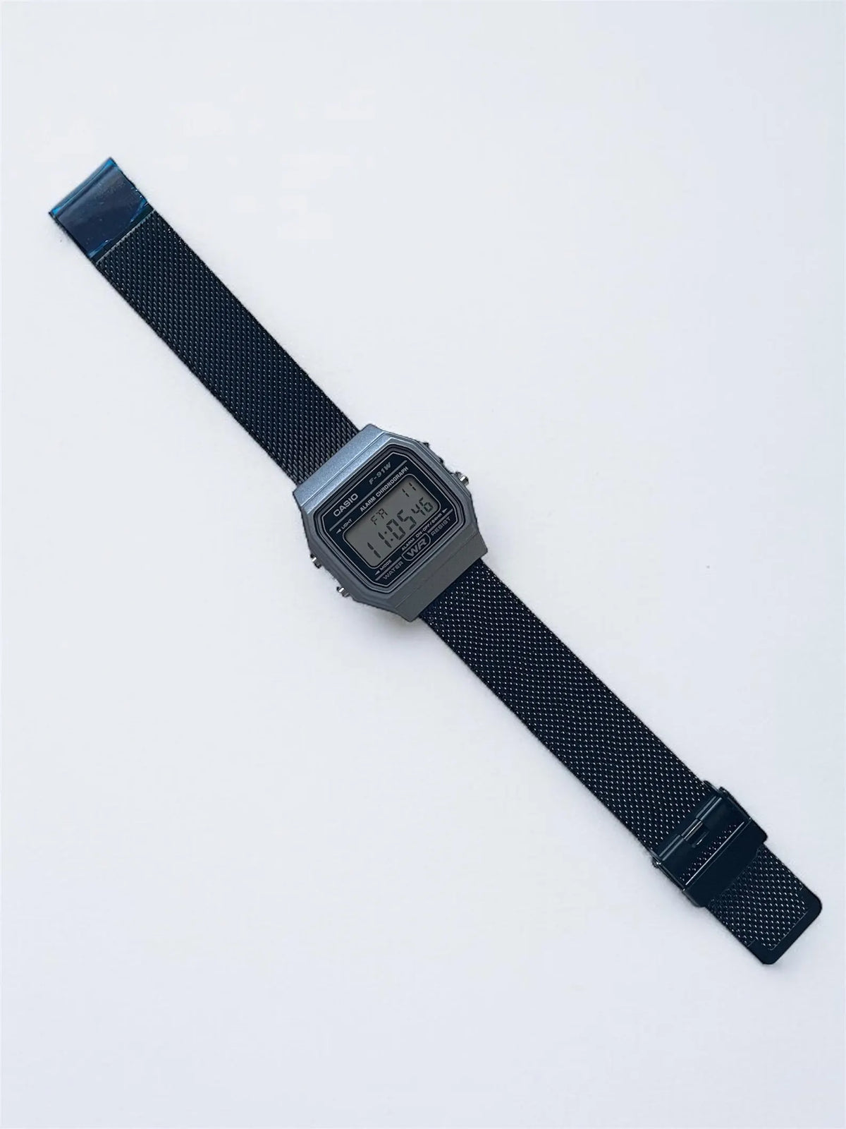 Custom Casio F91W Watch, Dark Silver, Black Metal Band