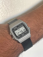 Custom Casio F91W Watch, Dark Silver, Black Metal Band