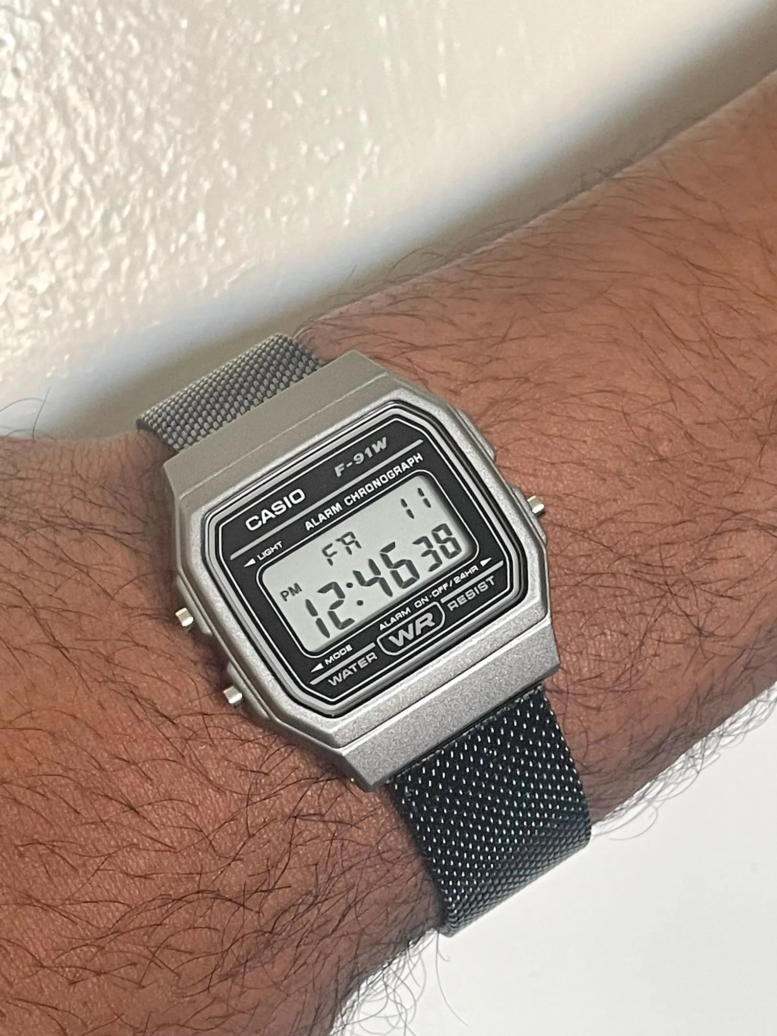 Custom Casio F91W Watch, Dark Silver, Black Metal Band