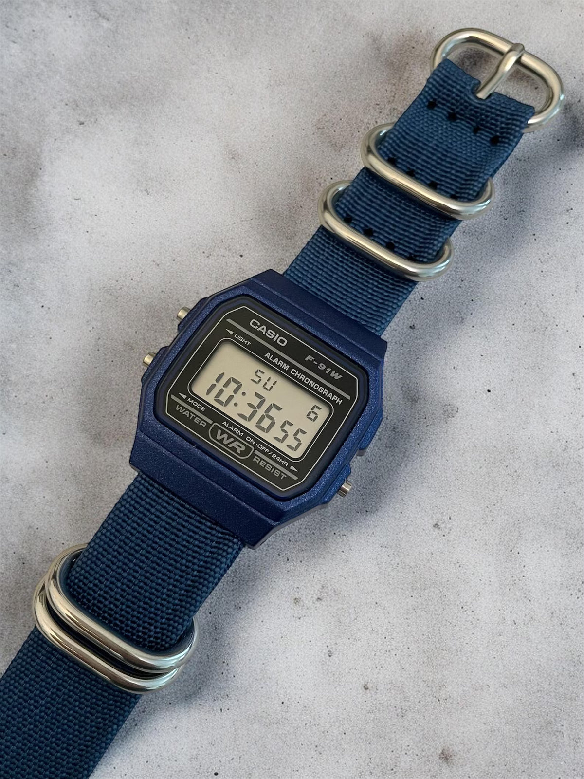 Custom Casio F91W Watch, Blue, Blue NATO Strap