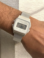 Custom Casio F91W Watch, White, Silver Metal Band