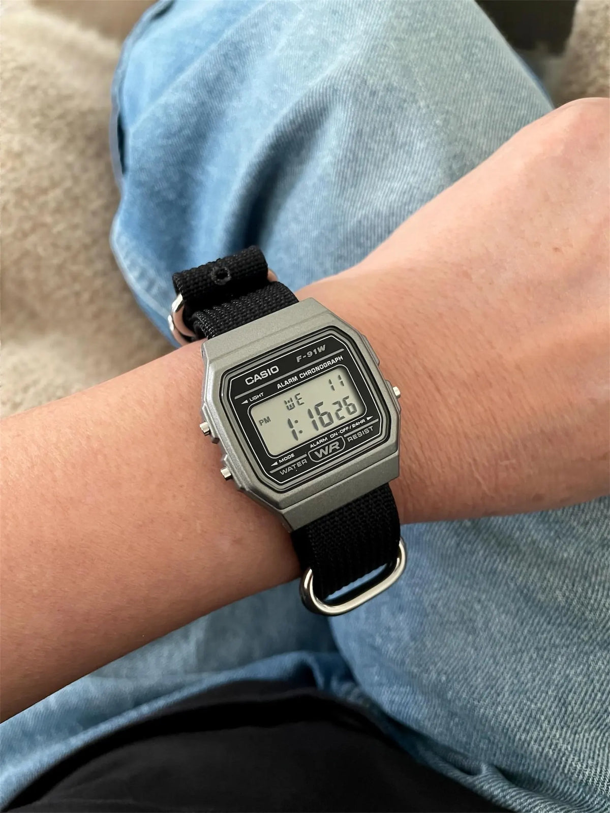 Custom Casio F91W Watch, Dark Silver, Black Nylon Strap