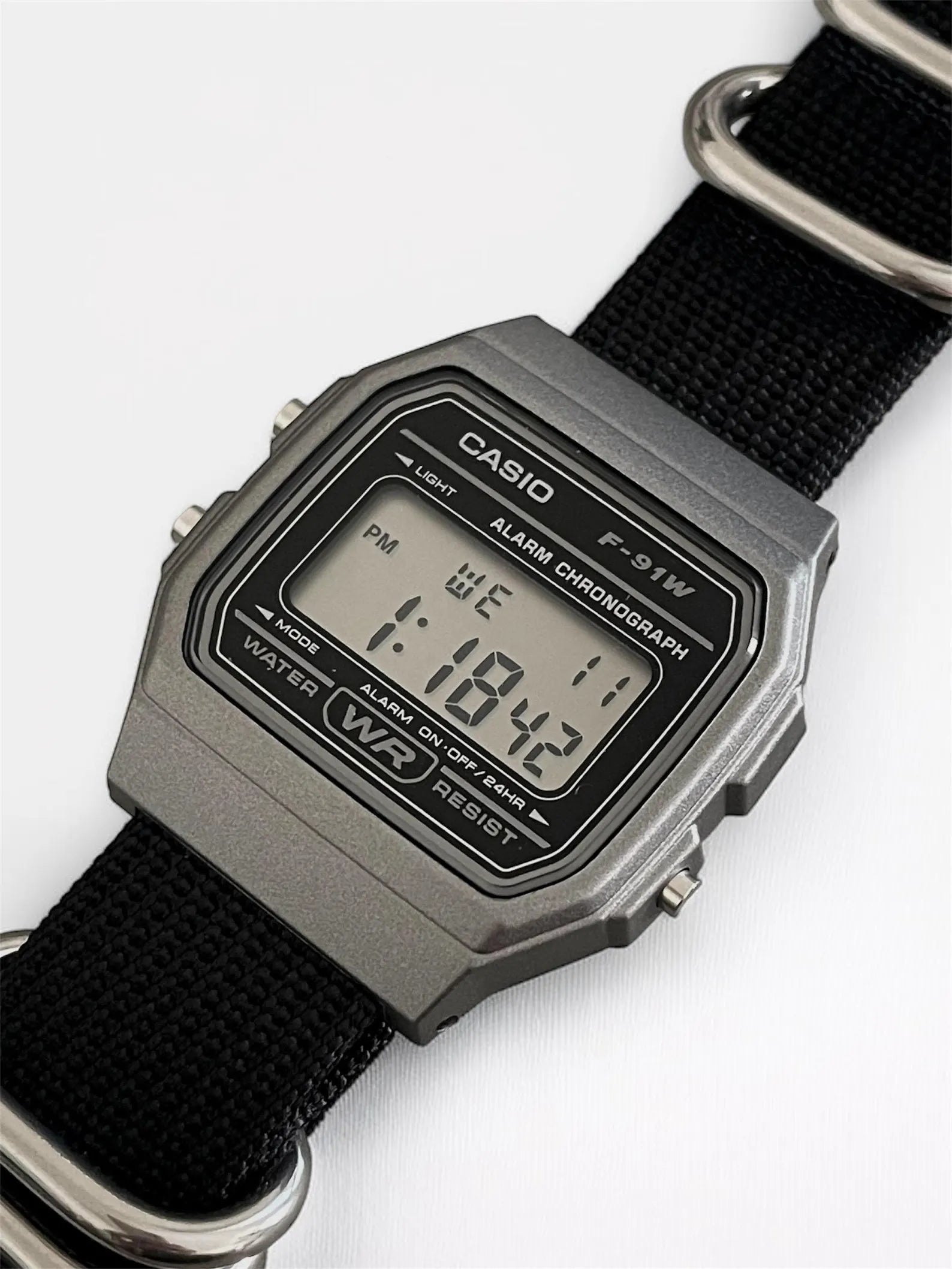 Custom Casio F91W Watch, Dark Silver, Black Nylon Strap
