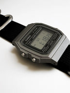 Custom Casio F91W Watch, Dark Silver, Black Nylon Strap