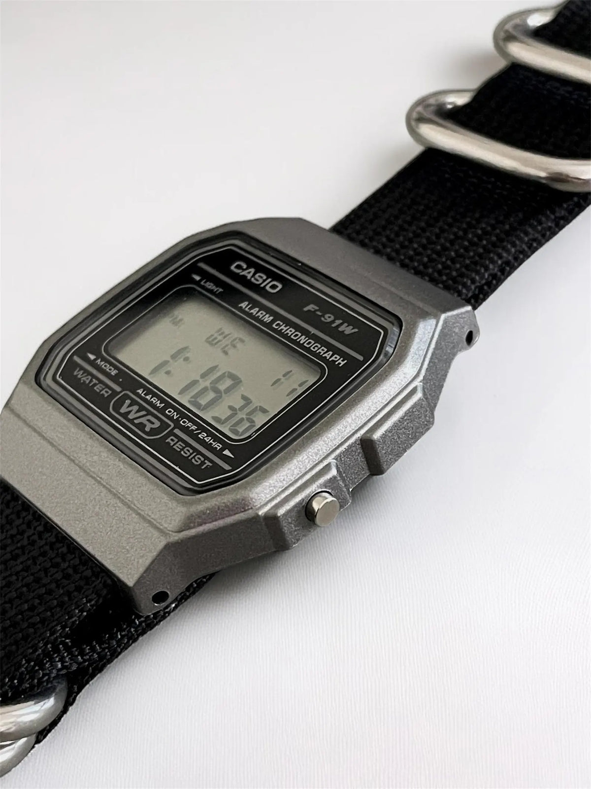 Custom Casio F91W Watch, Dark Silver, Black Nylon Strap