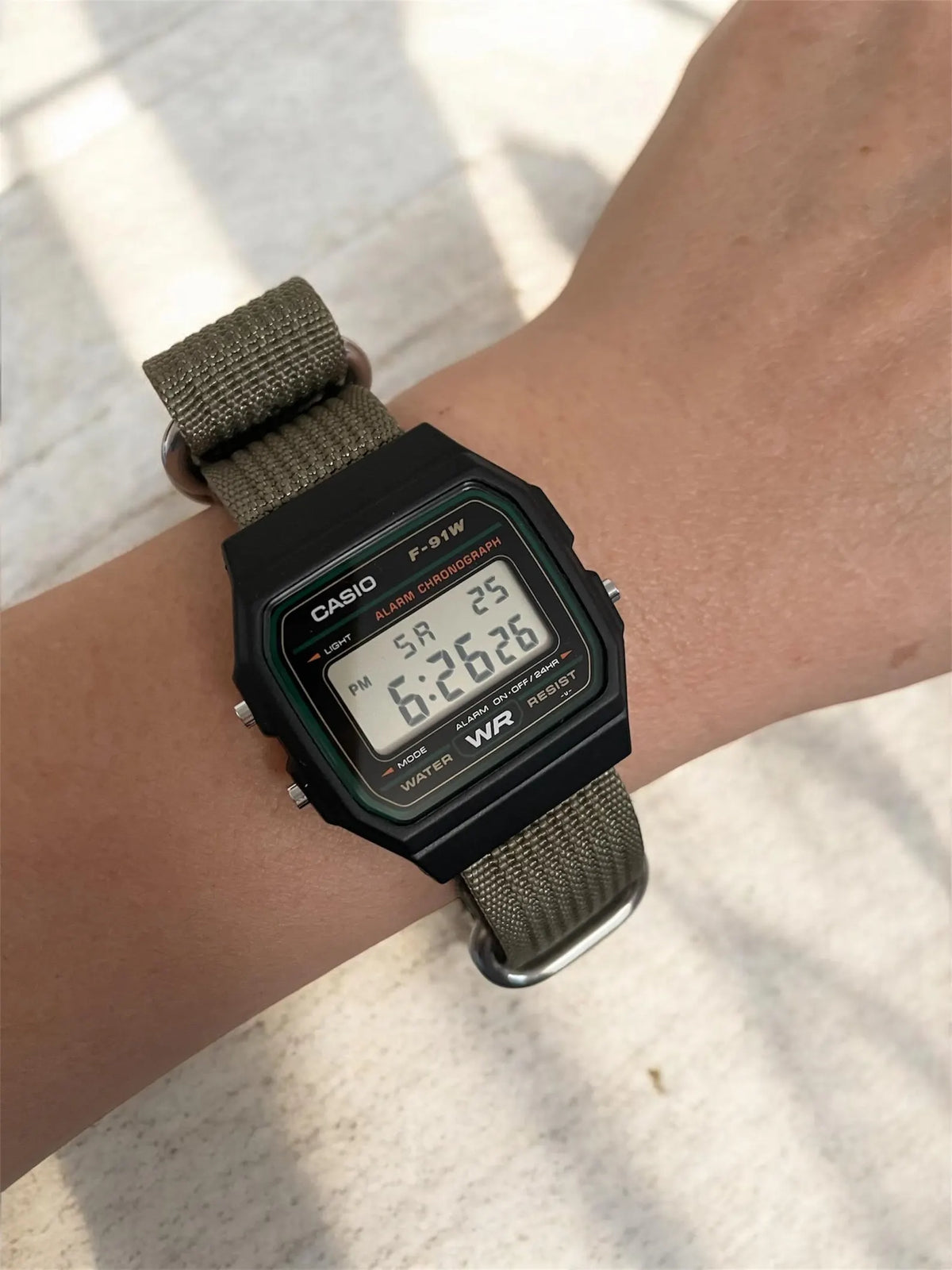 Custom Casio F91W Watch, Black, Army Green Nylon Strap
