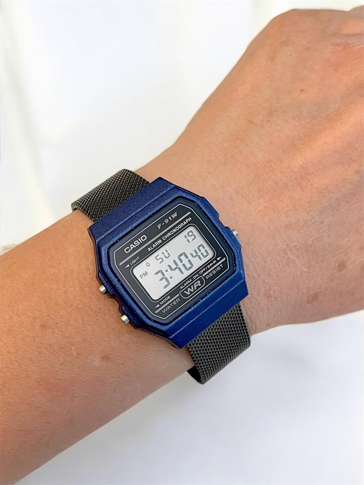 Custom Casio F91W Watch, Blue, Black Metal Band