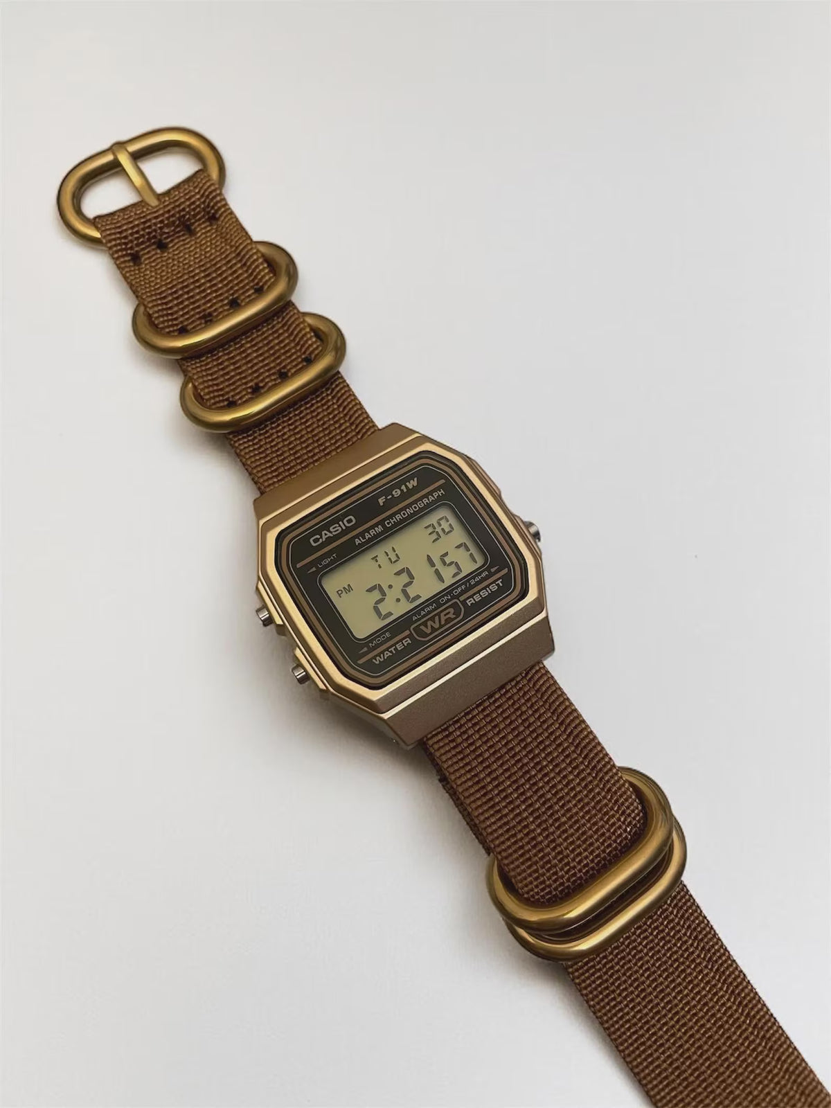 Custom Casio F91W Watch, Gold, Brown NATO Strap