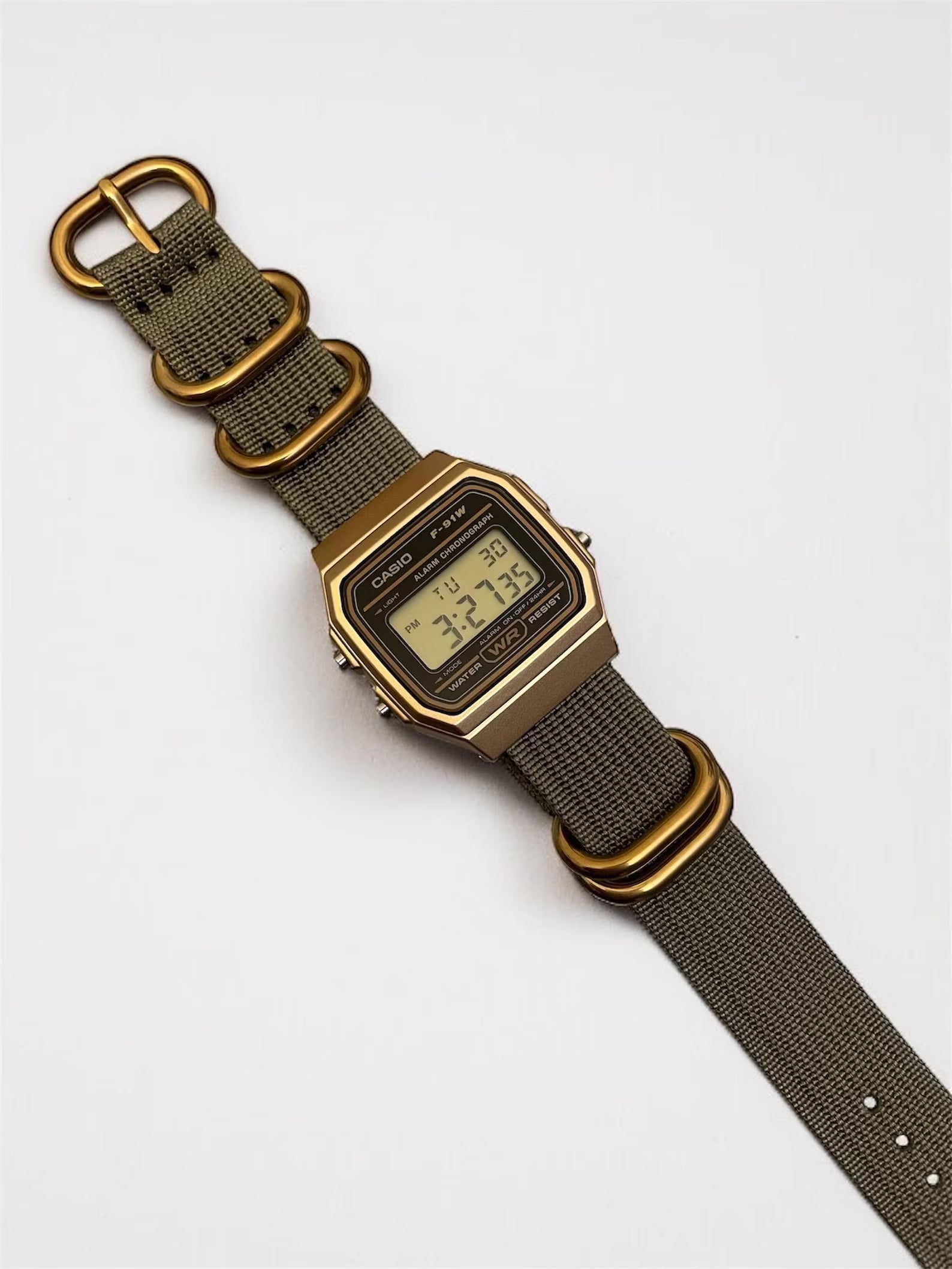 Custom Casio F91W Watch, Gold, Army Green NATO Strap