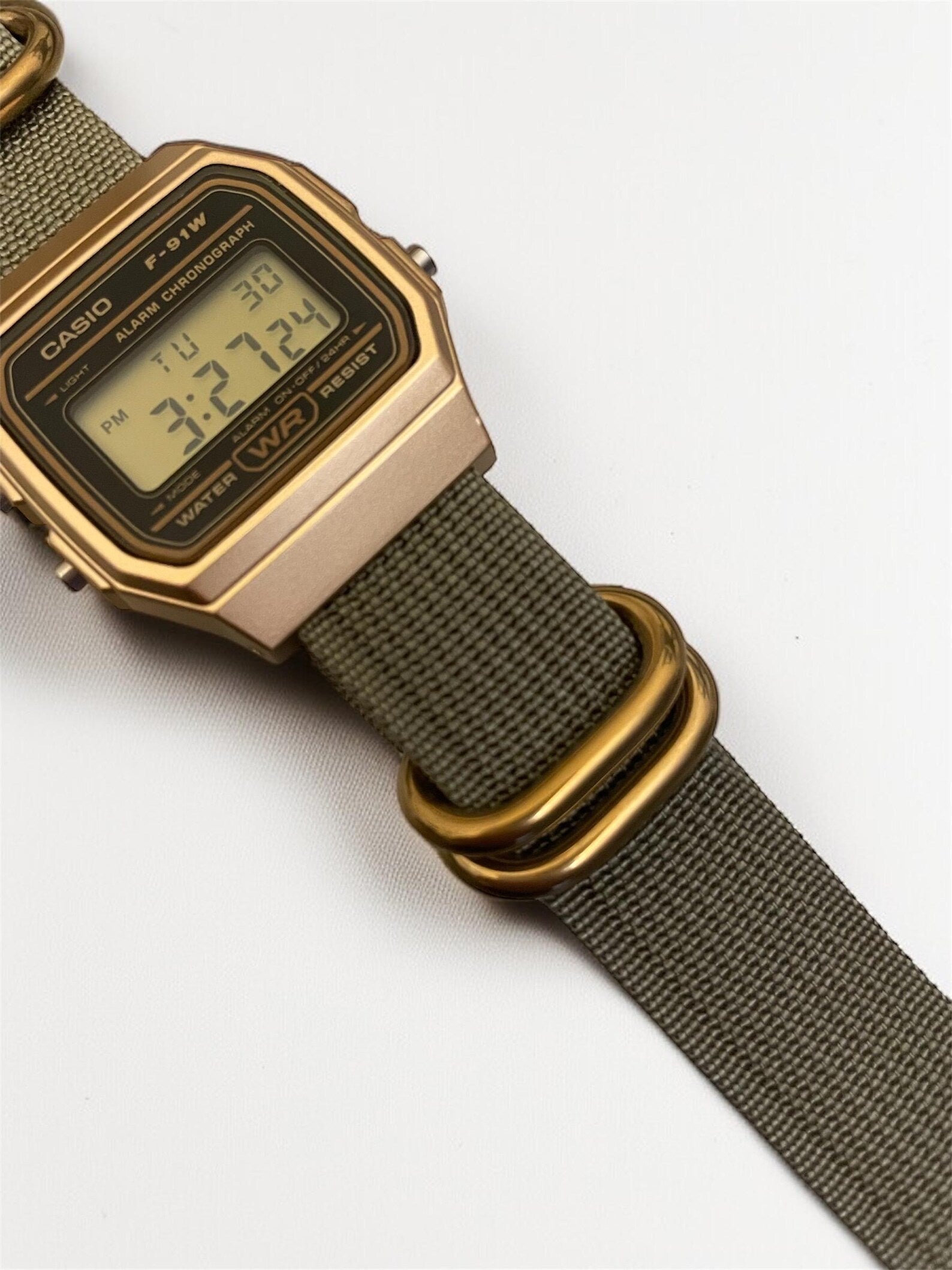 Custom Casio F91W Watch, Gold, Army Green NATO Strap