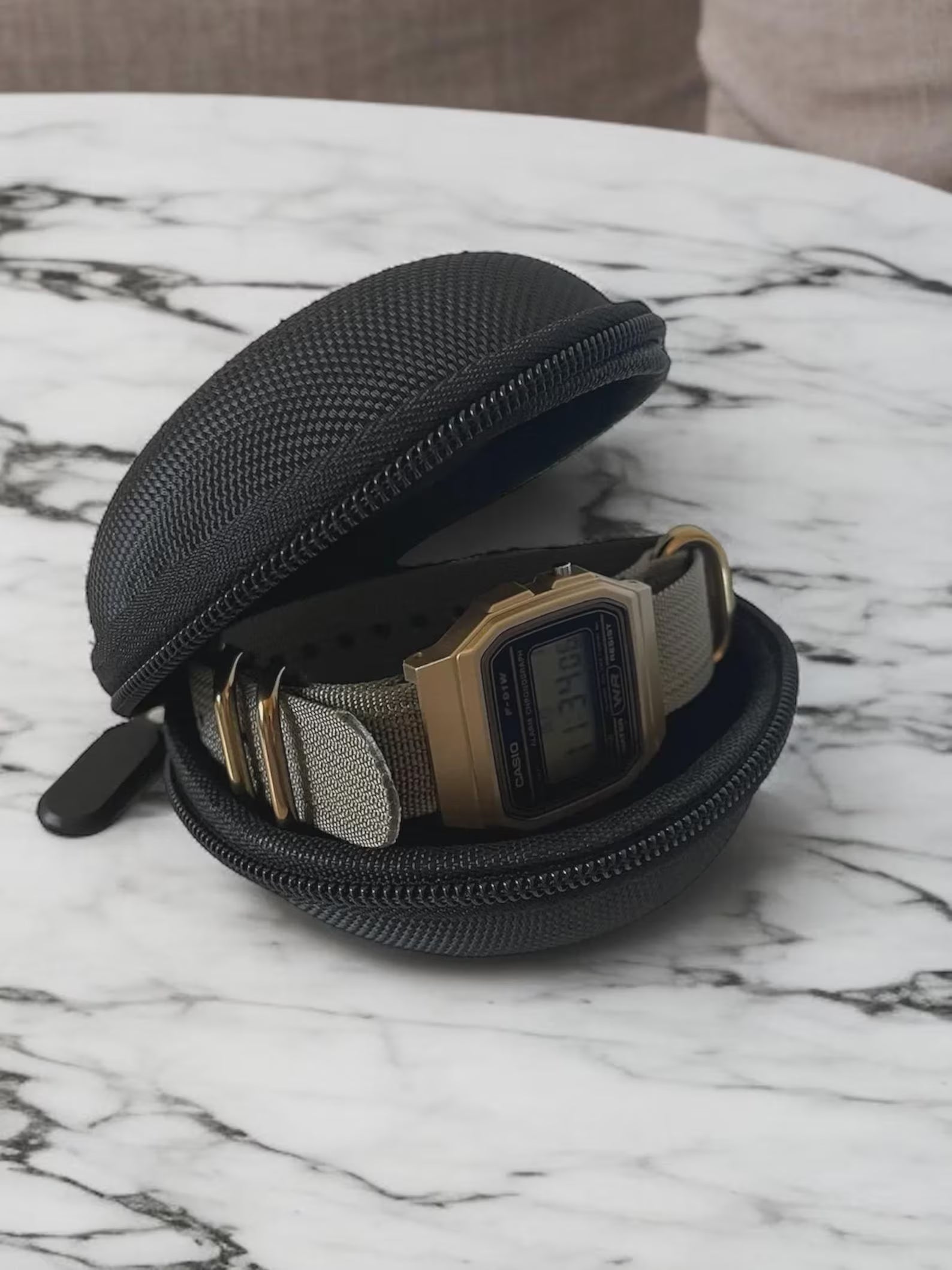 Custom Casio F91W Watch, Gold, Army Green NATO Strap