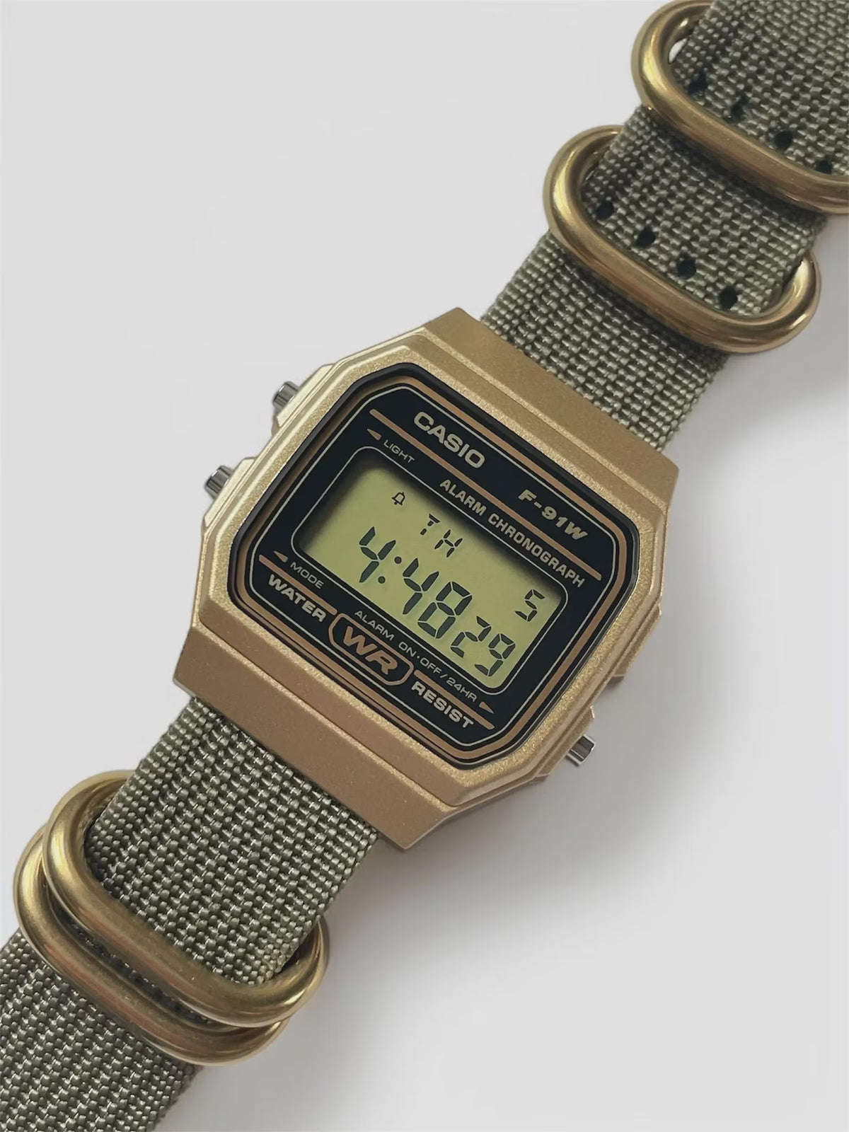 Custom Casio F91W Watch, Gold, Army Green NATO Strap