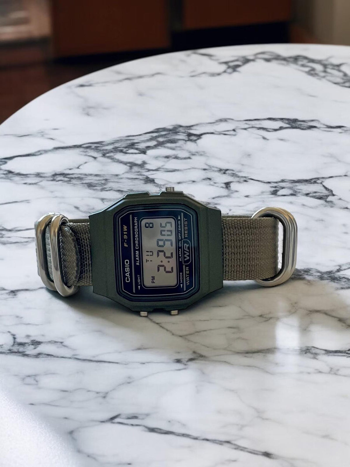 Custom Casio F91W Watch, Green, Army Green NATO Strap