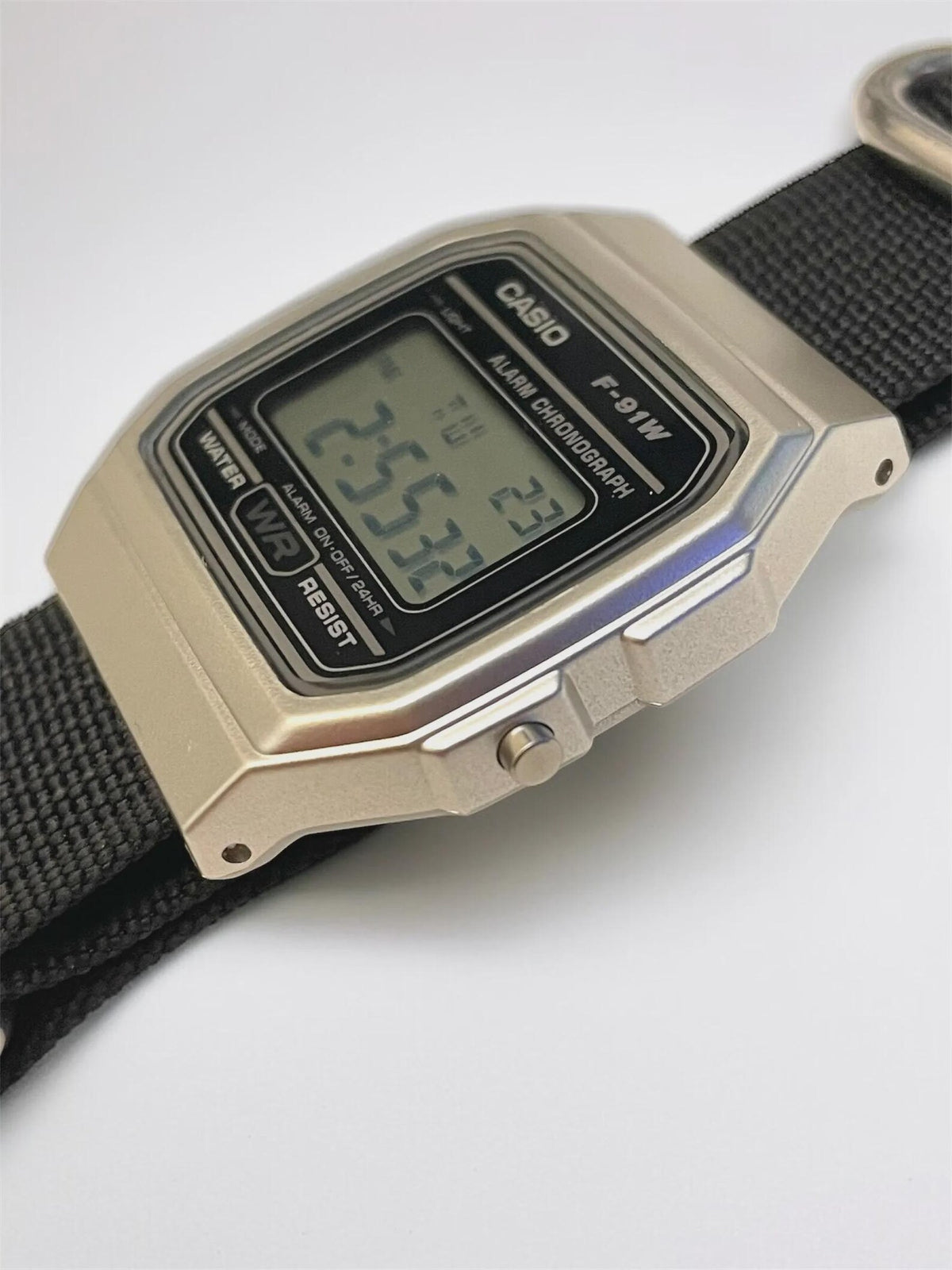 Custom Casio F91W Watch, Silver, Black NATO Strap