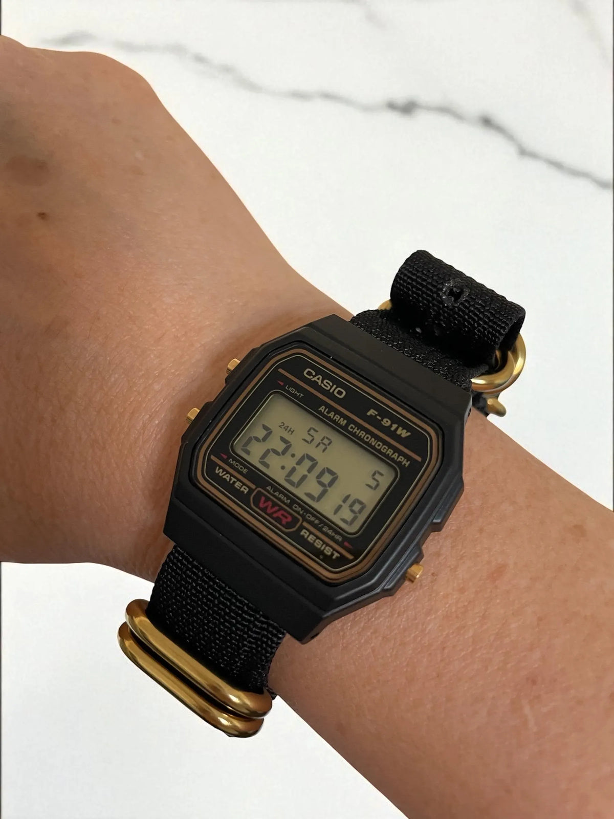 Custom Casio F91W Watch, Black,  Black NATO Strap