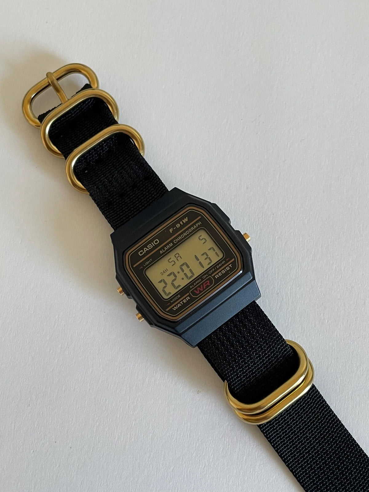 Custom Casio F91W Watch, Black,  Black NATO Strap