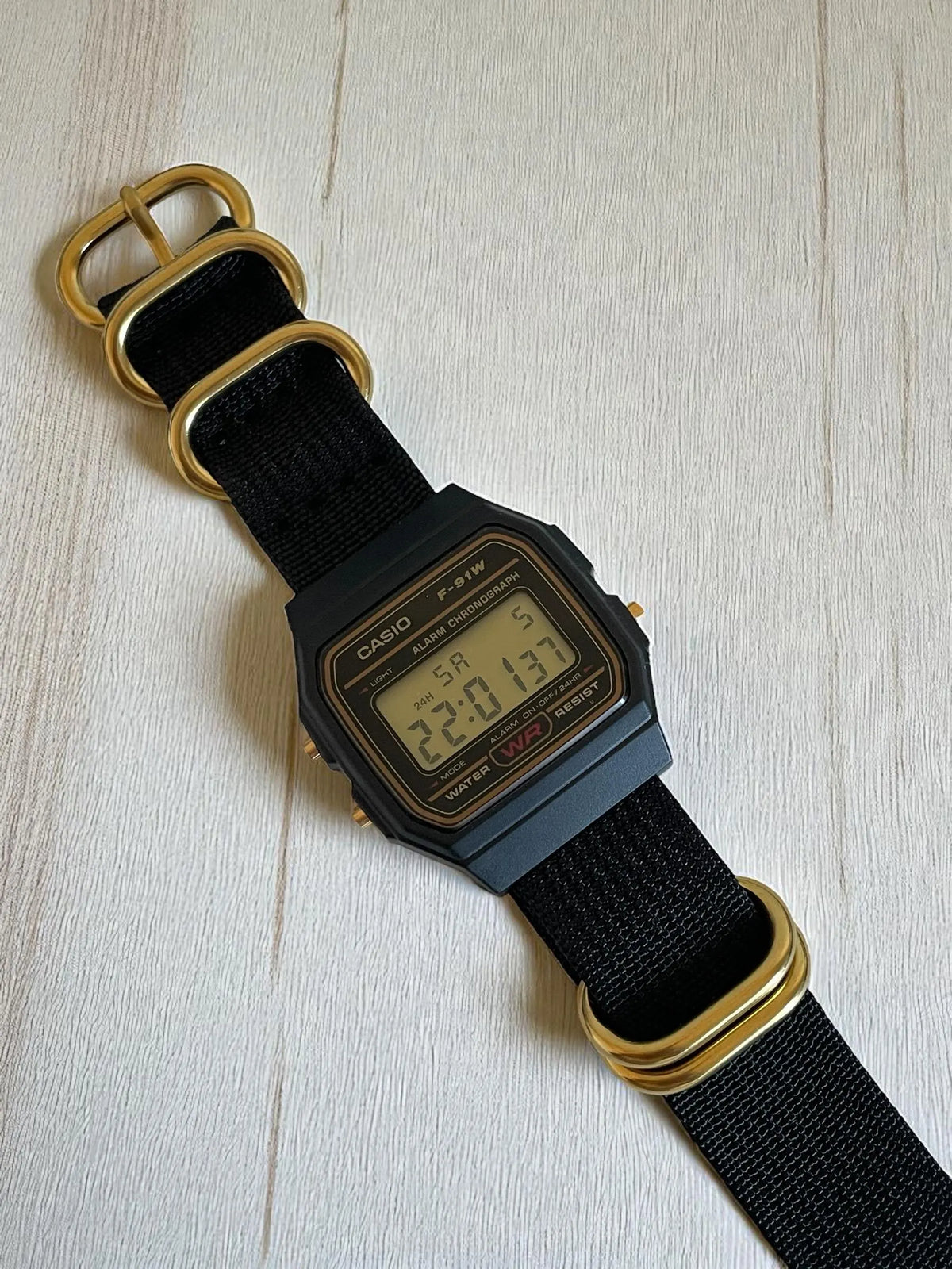 Custom Casio F91W Watch, Black,  Black NATO Strap