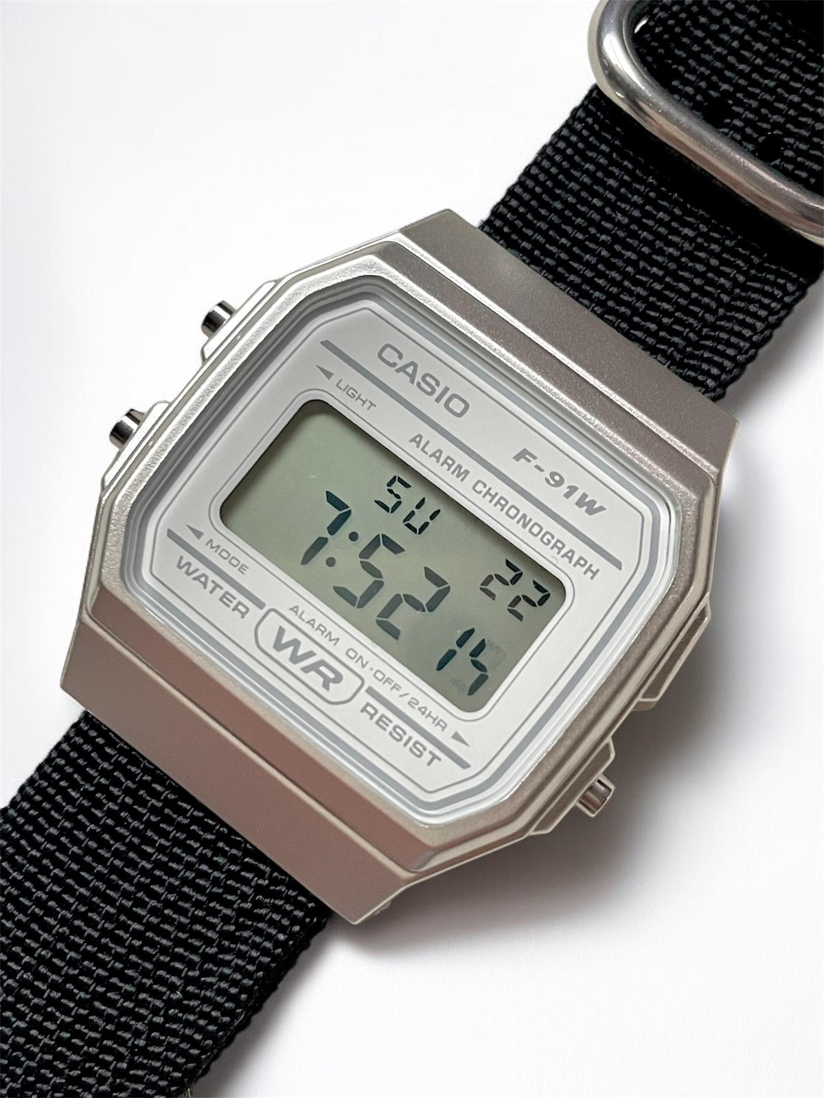 Custom Casio F91W Watch, White, Black NATO Band