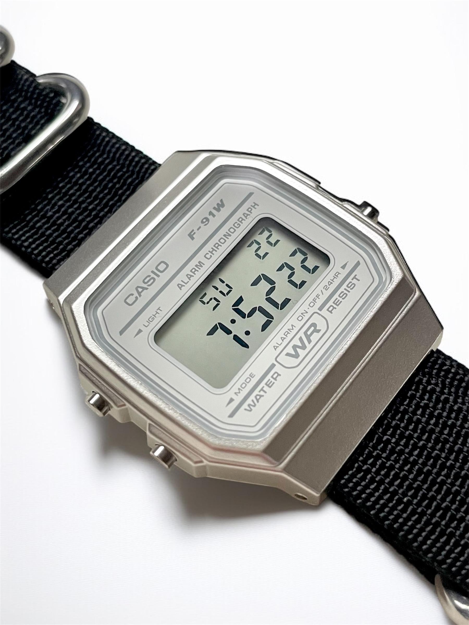 Custom Casio F91W Watch, White, Black NATO Band