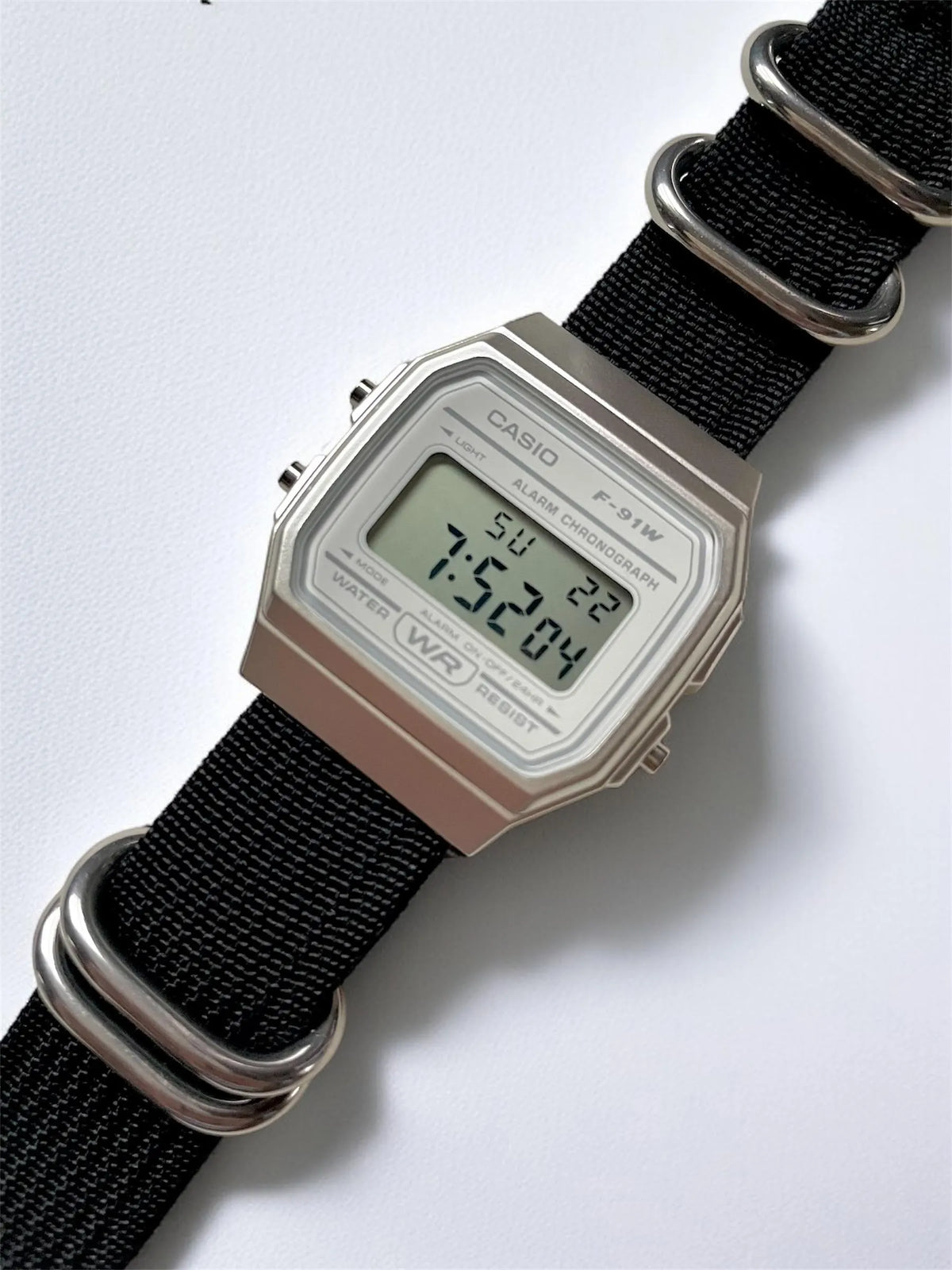 Custom Casio F91W Watch, White, Black NATO Band