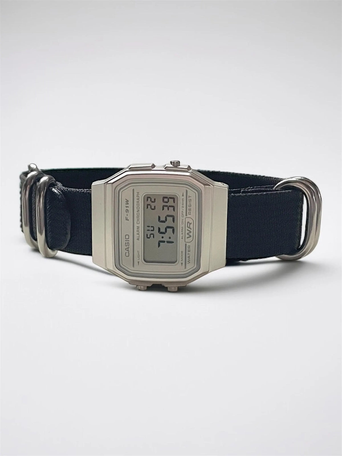 Custom Casio F91W Watch, White, Black NATO Band