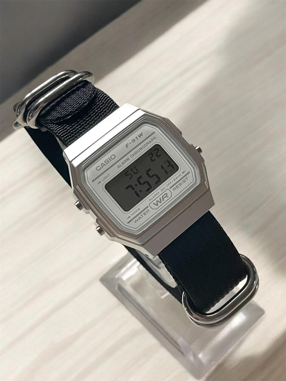 Custom Casio F91W Watch, White, Black NATO Band
