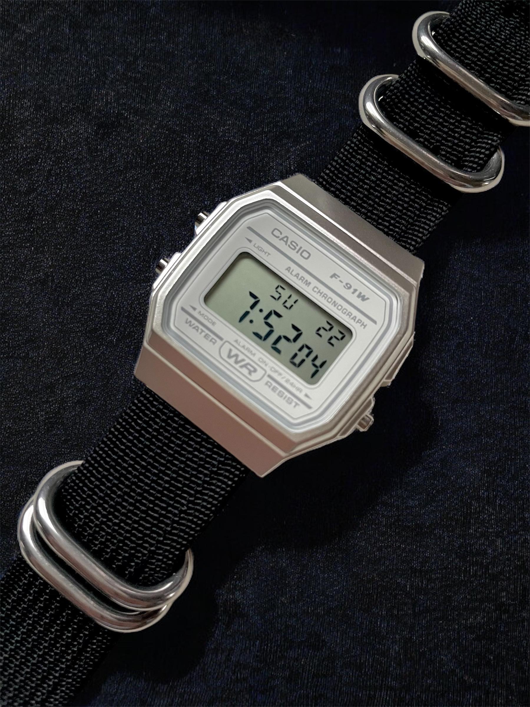 Custom Casio F91W Watch, White, Black NATO Band