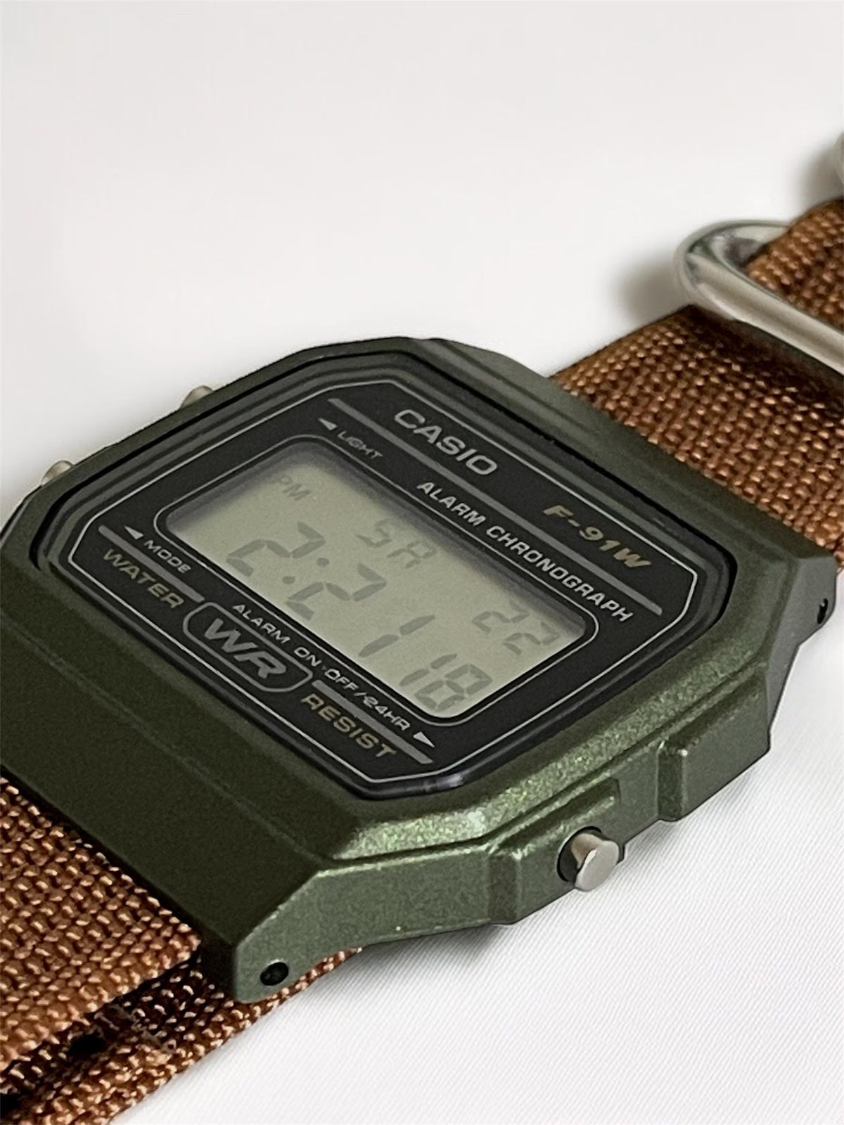 Custom Casio F91W Watch, Green, Brown NATO Strap