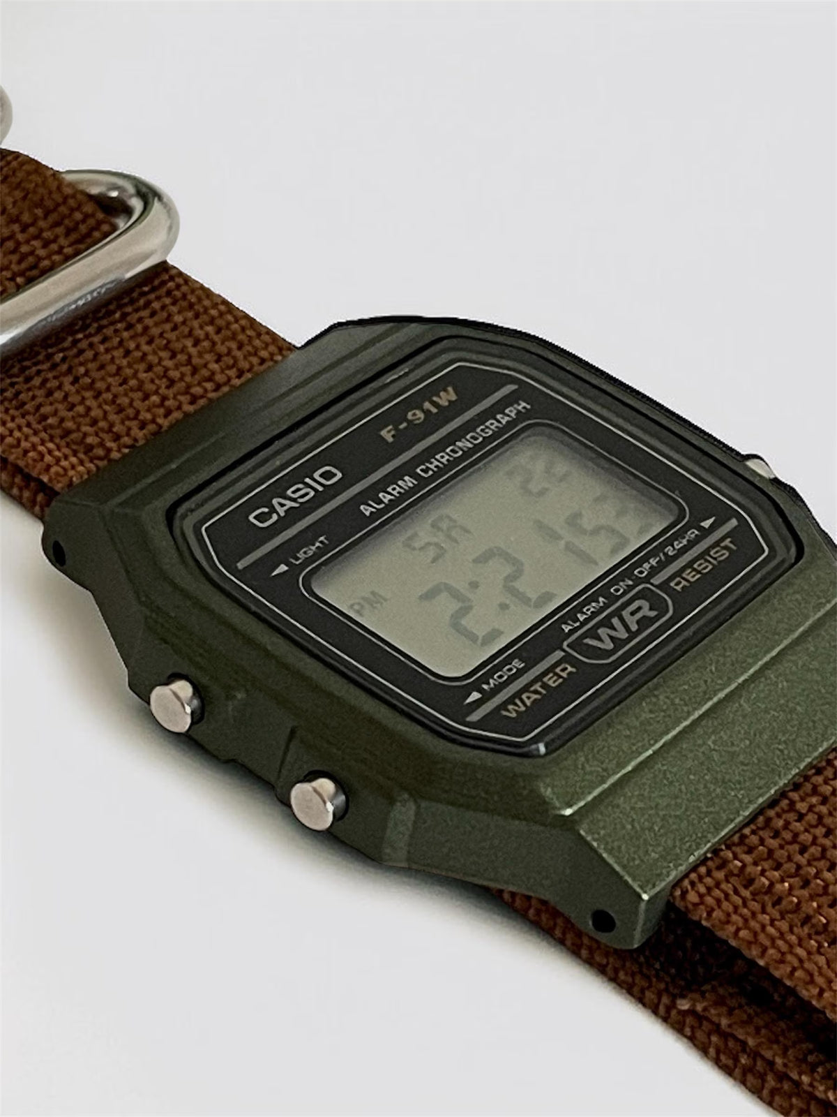Custom Casio F91W Watch, Green, Brown NATO Strap