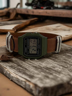 Custom Casio F91W Watch, Green, Brown NATO Strap