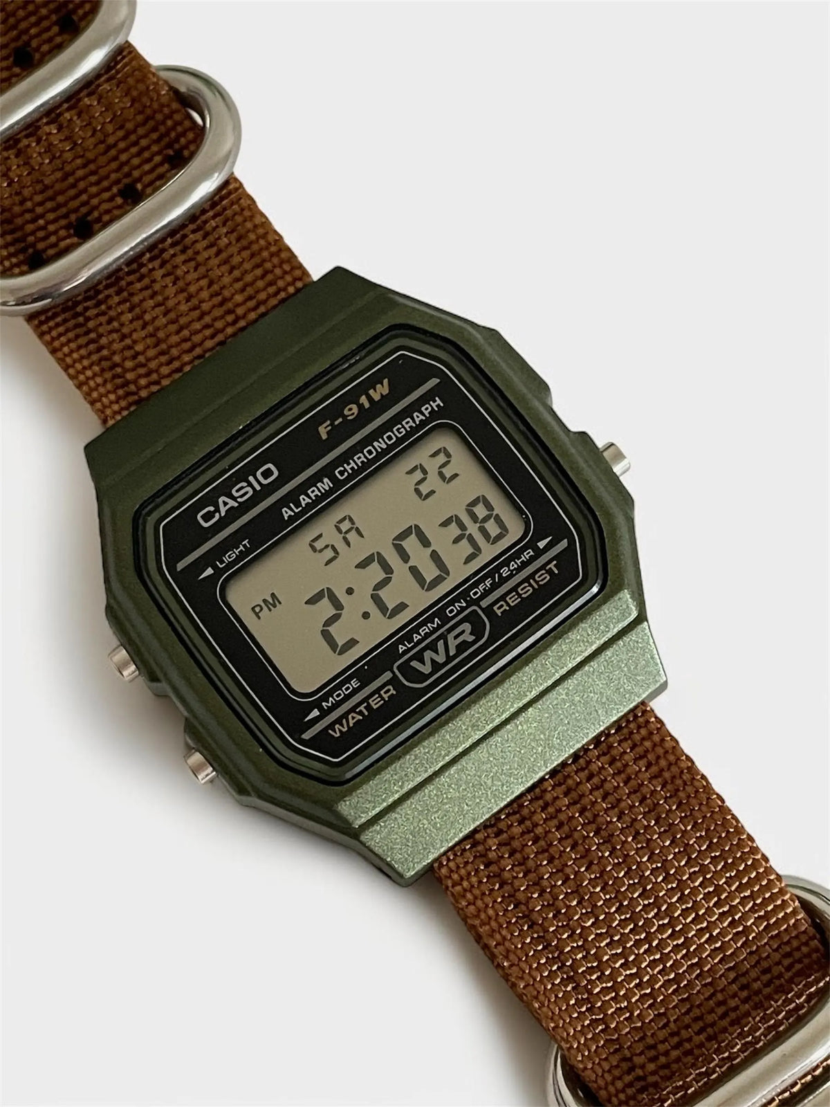 Custom Casio F91W Watch, Green, Brown NATO Strap