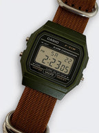 Custom Casio F91W Watch, Green, Brown NATO Strap