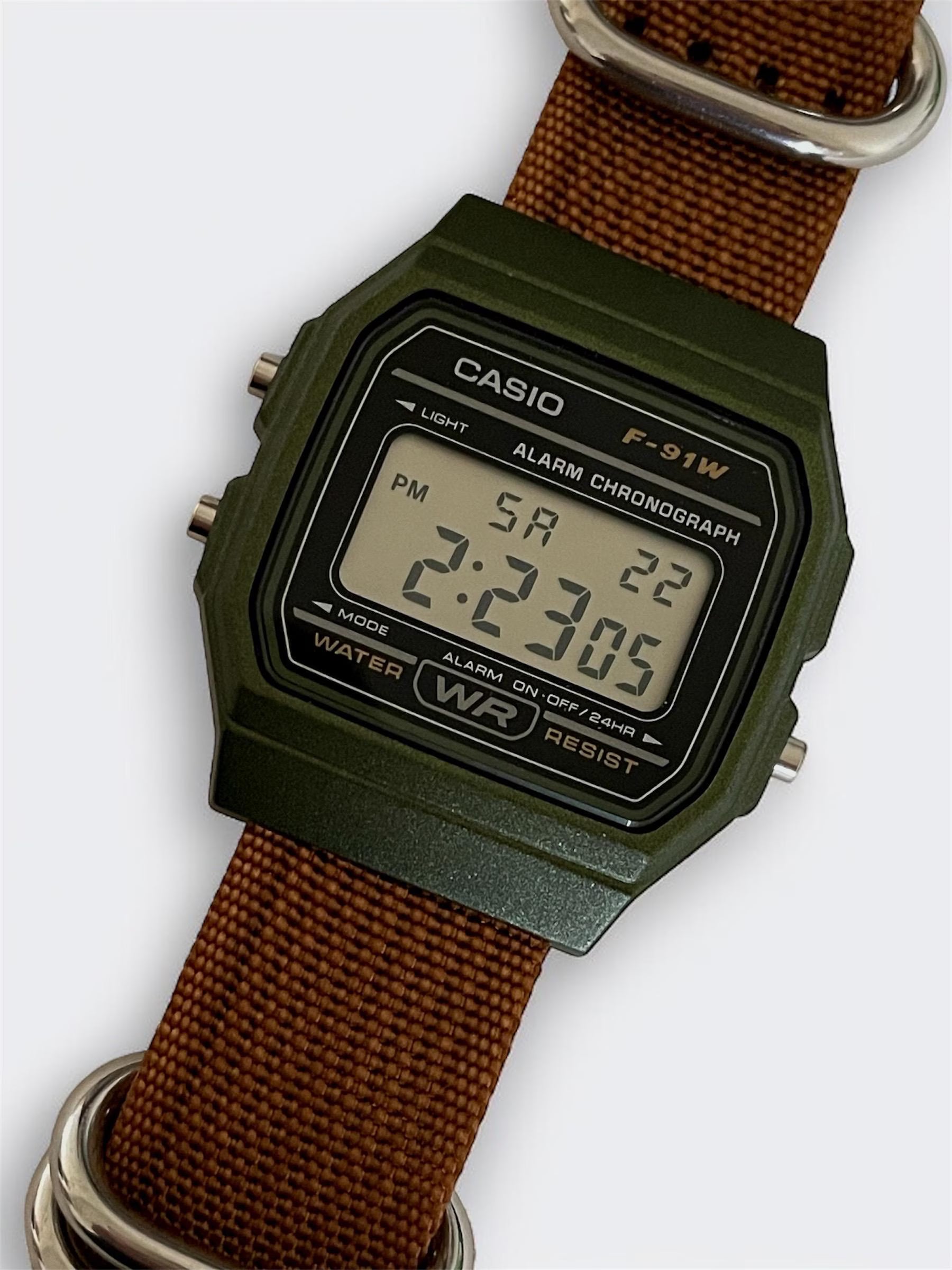 Custom Casio F91W Watch, Green, Brown NATO Strap