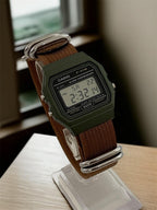 Custom Casio F91W Watch, Green, Brown NATO Strap