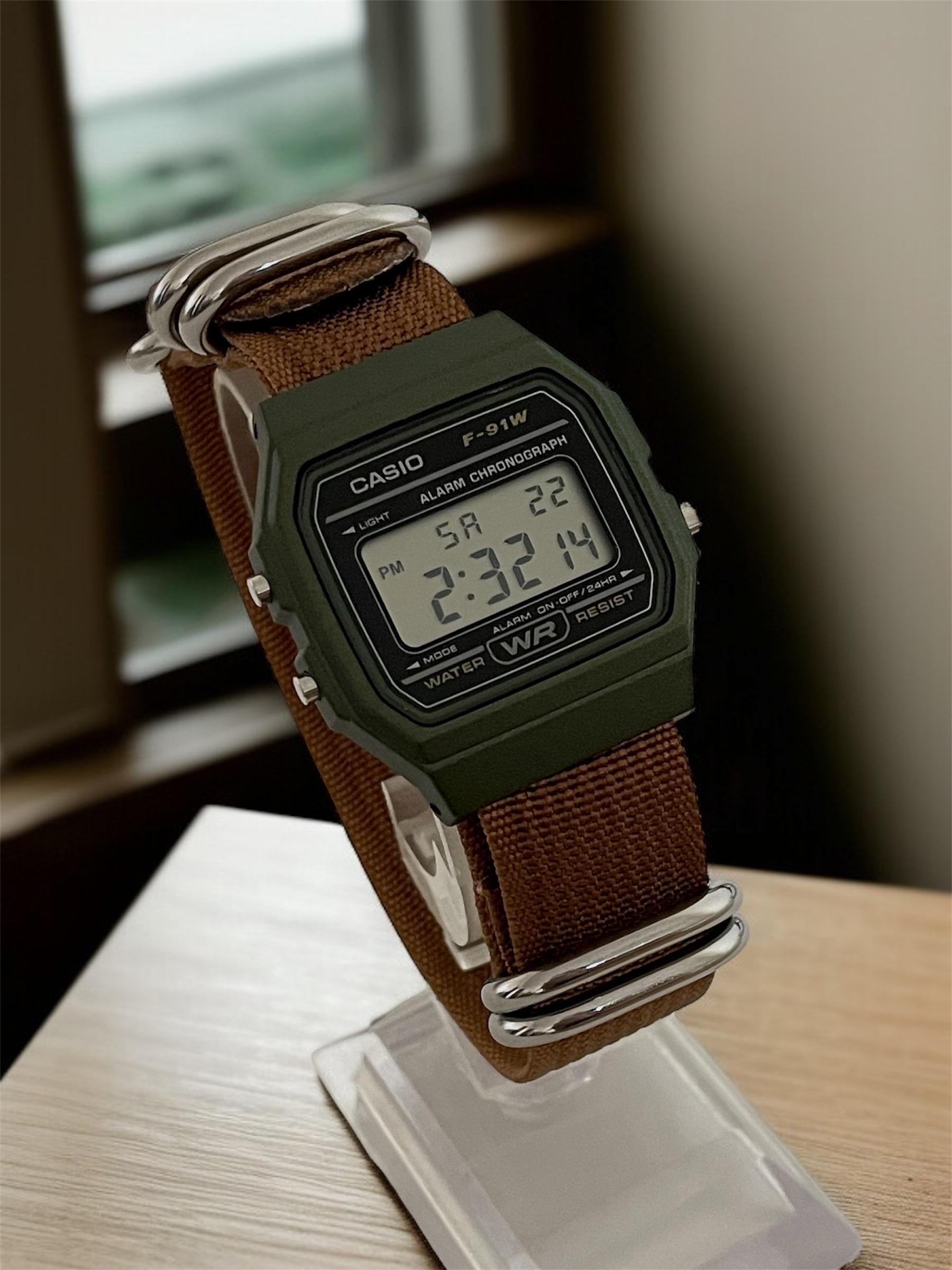 Custom Casio F91W Watch, Green, Brown NATO Strap