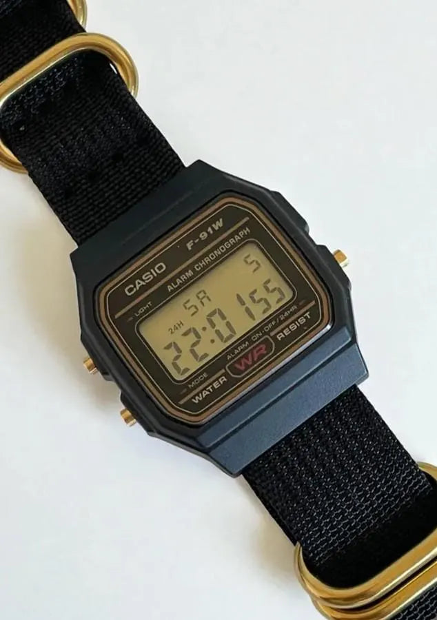 Custom Casio F91W Watch, Black,  Black NATO Strap