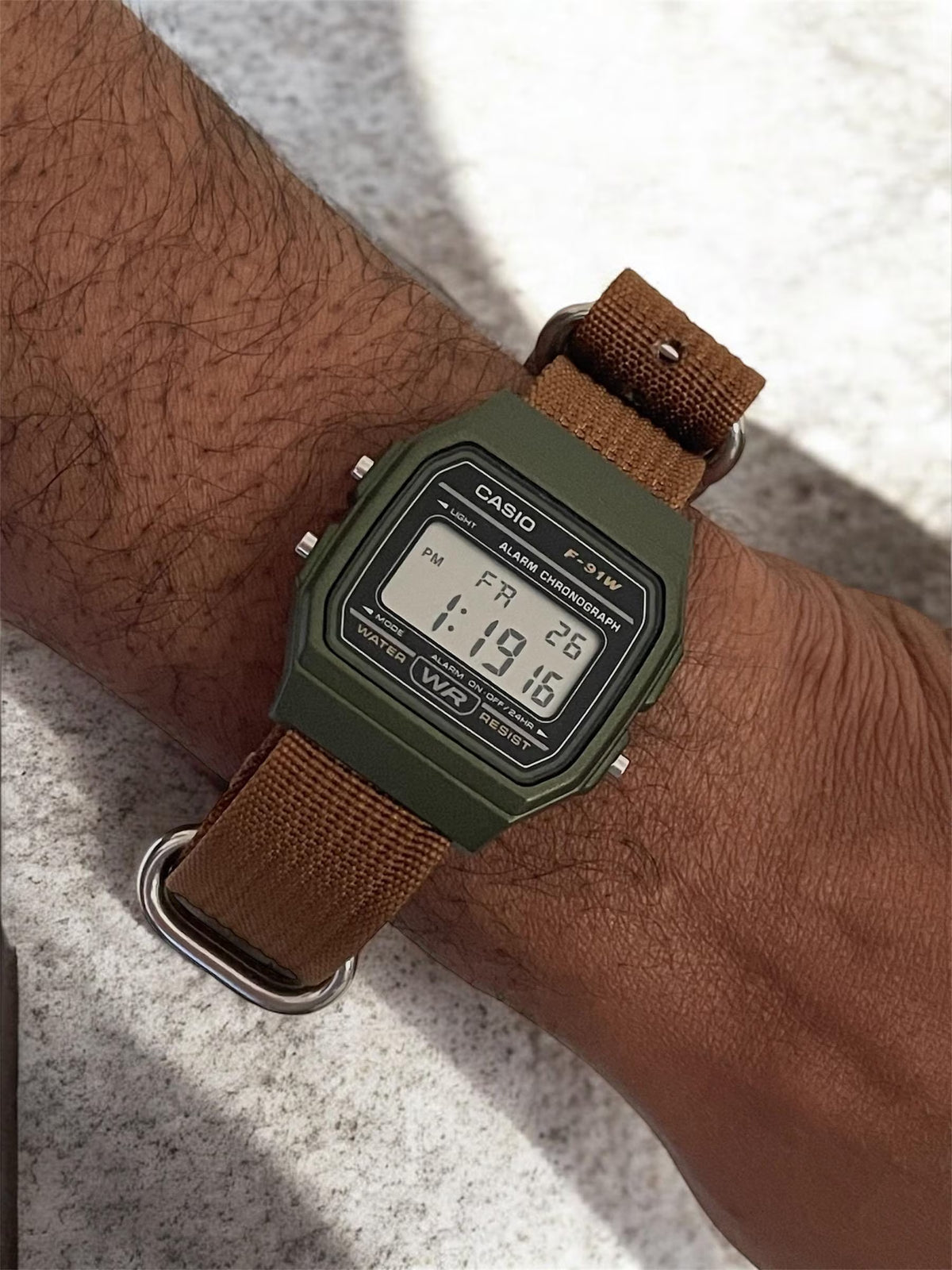 Custom Casio F91W Watch, Green, Brown NATO Strap